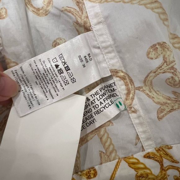 NWT GANNI 100% Cotton Gold And White Patterned Button Up Wrap Shirt - Picture 13 of 14